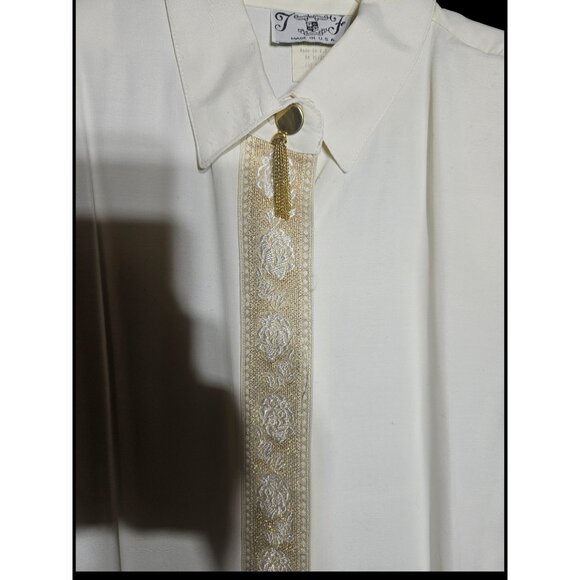 Vintage T & F White Button-Down Shirt With Ornate Gold Embroidery & Tassel Accen - Picture 5 of 6